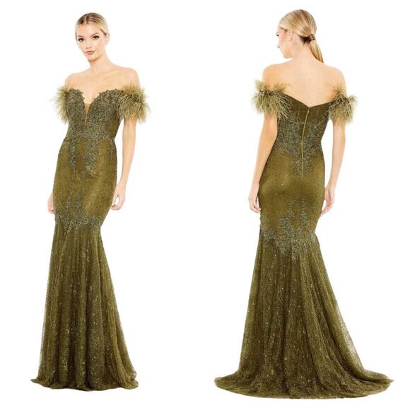 Mac Duggal 20246 Feather Sleeve Off The Shoulder Dress Olive Green Size 10 NWT - Picture 1 of 11